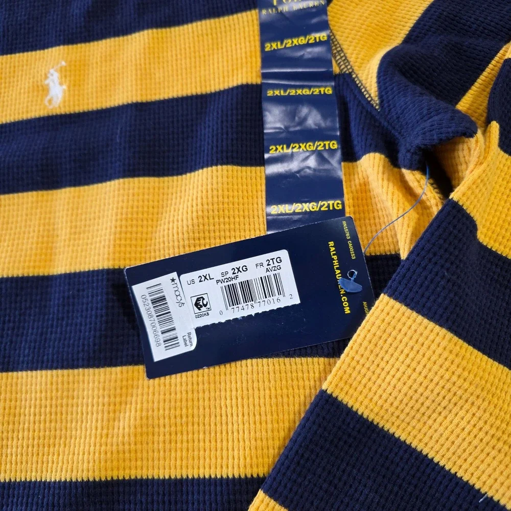 Polo Ralph Lauren Mens 2XL Waffle Knit Thermal Sleep Shirt Navy Yellow Striped
